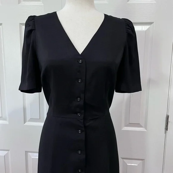 Ann Taylor Black Twill Button Front Midi Dress Size Medium Petite - Picture 2 of 11